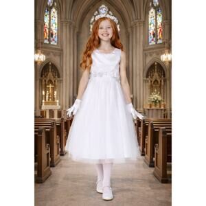 NEW Girls First Holy Communion Dress Size 7 - Satin with Embroidered Tulle Dress